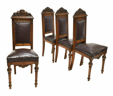 Antique Chairs, Dining, Side Italian Renaissance Revival, Carved Set of Four, Handsome!! - Old Europe Antique Home Furnishings