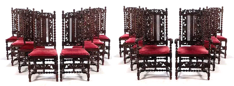 Antique Chairs, Dining, Sixteen, Carved Oak, In Jacobean, Red, Circa 1900s!! - Old Europe Antique Home Furnishings
