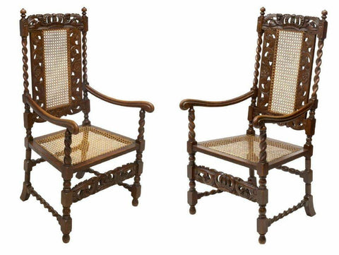 Antique Chairs, English Barley Twist Figural Carved Oak, Caned Seat, Set of Two! - Old Europe Antique Home Furnishings