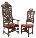 Antique Chairs, Highback, (2) Spanish, Highly Carved, Upholstered, 1800s! - Old Europe Antique Home Furnishings