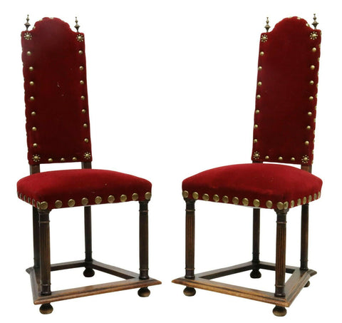 Antique Chairs, Red, Pair, (2) Continental Oak & Velvet Side Chairs, 1800's! - Old Europe Antique Home Furnishings