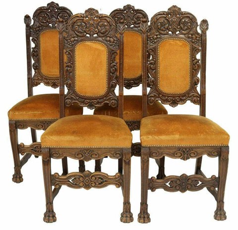 Antique Chairs, Side, Four French Carved Oak Side Paw Foot, Upholstered, 1800s!! - Old Europe Antique Home Furnishings