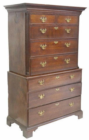 Antique Chest-on-Chest, English Georgian Period, Oak, Cornice, 8 Drawers, 1700s! - Old Europe Antique Home Furnishings