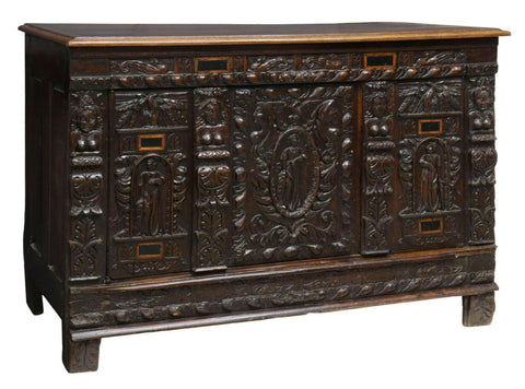 Antique Chest / Cabinet French Renaissance Revival Carved Oak, 1800s, Gorgeous! - Old Europe Antique Home Furnishings