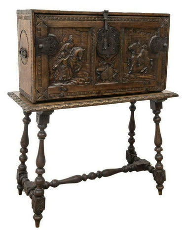 Antique Chest, Cabinet on Stand, Spanish Carved Vargueno Doc., 1700s, Handsome! - Old Europe Antique Home Furnishings