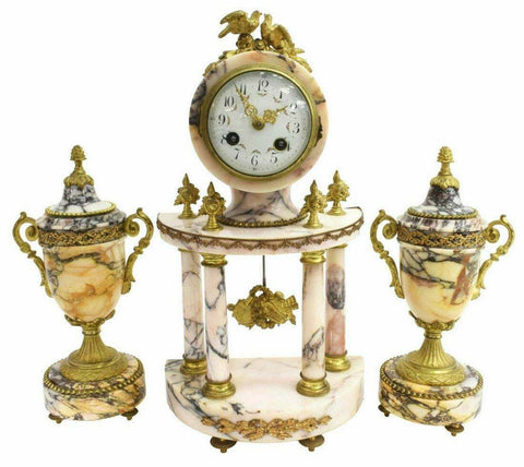 Antique Clock Mantle, Louis XVI Style Marble with Urn Garnitures, 3-Piece Set! - Old Europe Antique Home Furnishings