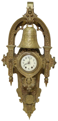 Antique Clock, Bell, French Gothic Revival, Bronze External, Scrollwork, 1800's - Old Europe Antique Home Furnishings
