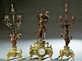 Antique Clock, Mantel, Three-Piece Patinated Spelter, Green Onyx Figural, 1900's - Old Europe Antique Home Furnishings