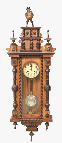 Antique Clock, Wall, German Regulator In Glazed Wood Case, Figural Crest, 1800s - Old Europe Antique Home Furnishings