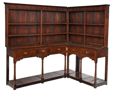 Antique Corner Dresser and Rack, Welsh, Oak, Shelves, Drawers, 18th C., 1700s!! - Old Europe Antique Home Furnishings