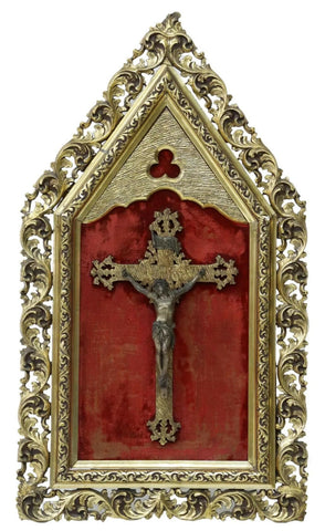 Antique Crucifix, Metal, Gothic Gilt Framed, Fabric Clad Back, Revival, 37" H! - Old Europe Antique Home Furnishings
