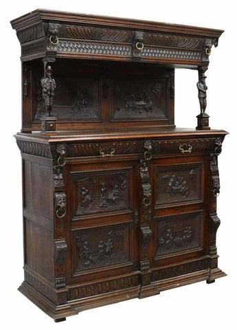 Antique Cupboard, Cabinet, Sideboard Flemish Carved Oak Tavern Scenes, 1800s!! - Old Europe Antique Home Furnishings
