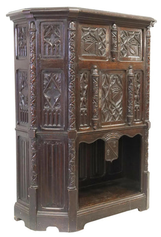 Antique Cupboard, Gothic Revival, Carved Oak, Credence, Foliates, 1800s!! - Old Europe Antique Home Furnishings