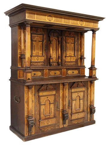 Antique Cupboard, Renaissance Revival, Inlaid Carved Oak, Shelves, Drawers, 1800 - Old Europe Antique Home Furnishings