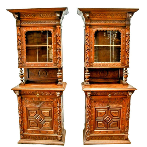 Antique Cupboards, French Matched Pair, Carved Wood, 92 1/2 H., Set of 2, 1800s! - Old Europe Antique Home Furnishings
