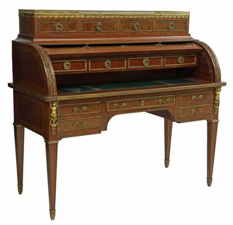Antique Desk, French Louis XVI Style Mahogany Bureau A Cylindre, Parquetry, 1800s!! - Old Europe Antique Home Furnishings