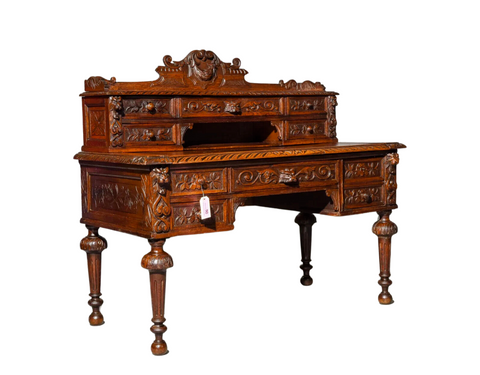 Antique Desk, Henri II Style Carved Oak Desk with Pull Out,Dark Wood Tone, 1800s - Old Europe Antique Home Furnishings