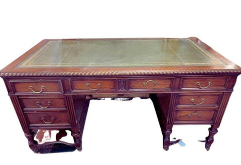 Antique Desk, Leather Top, Mahogany Hobbs & CO Lawyers Desk, Carved, Early 1900s - Old Europe Antique Home Furnishings