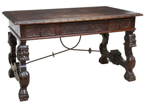 Antique Desk, Library, Carved, Spanish Renaissance Revival, 1800s!! - Old Europe Antique Home Furnishings