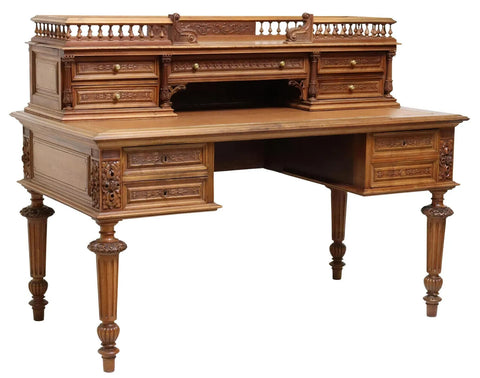 Antique Desk, Writing, French Henri II Style, Carved, Walnut, Bureau, 1800s!! - Old Europe Antique Home Furnishings