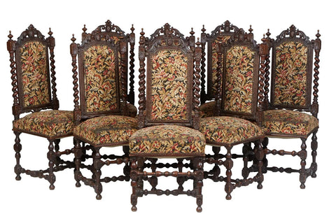 Antique Dining Chairs, French Provincial Louis XIII Style, 8, Carved Oak, 1800s! - Old Europe Antique Home Furnishings