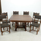 Antique Dining Set, French, Walnut Henri II Style Table & 6 Tooled Leather Chair - Old Europe Antique Home Furnishings