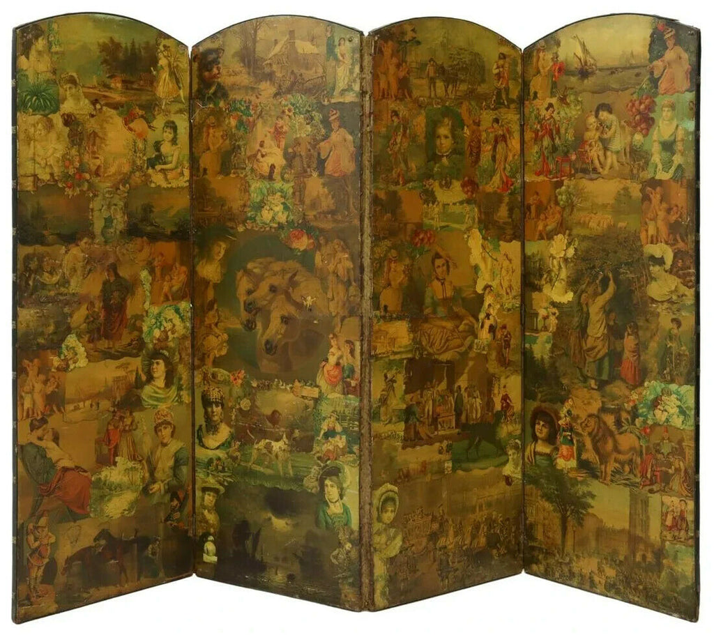 Antique Dressing Screen, Victorian, Decoupage Prints, Four-Panel Foldi Old Europe Antique Home Furnishings Antique Dressing Screen, Victorian, Decoupage Prints, Four-Panel Foldi Old Europe Antique Home Furnishings