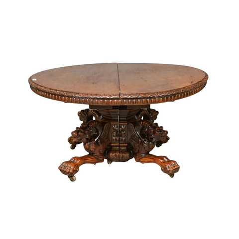Antique Table, Carved Winged Griffin Entry, Dining, With 4 Leaves, 1800s!! - Old Europe Antique Home Furnishings
