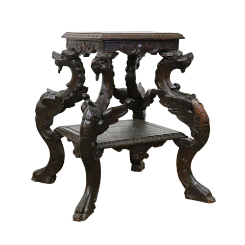 Antique Table, Occasional, Side, Renaissance Revival Griffin Carved Oak, Beauty!! - Old Europe Antique Home Furnishings