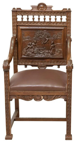 Antique Fauteuil, Chair, French Breton, Carved Oak, Upholstered Seat, E. 1900s! - Old Europe Antique Home Furnishings