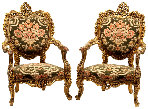 Antique Fauteuils, Armchairs, (2) Louis XV Style Gilt, Upholstered Chairs! - Old Europe Antique Home Furnishings