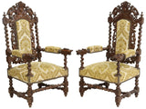 Antique Fauteuils, Chairs, French Louis XIII Style, Carved Oak, Upholstered, 1800s!! - Old Europe Antique Home Furnishings