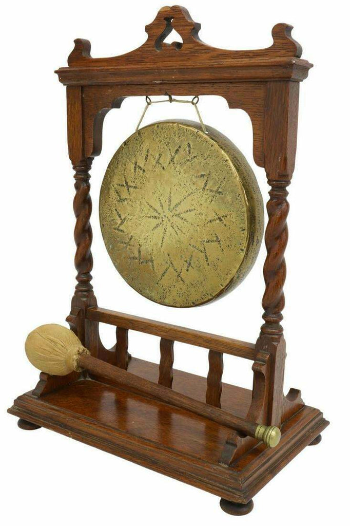 Antique Gong, English Oak & Brass TableTop Dinner Gong, Early 1900s