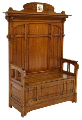 Antique Hall Bench, Art Nouveau Carved Walnut, Hall Way, early 1900s, Gorgeous! - Old Europe Antique Home Furnishings