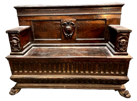 Antique Hall Bench, French Renaissance Revival, Carved Shields, Faces, 1700's!! - Old Europe Antique Home Furnishings