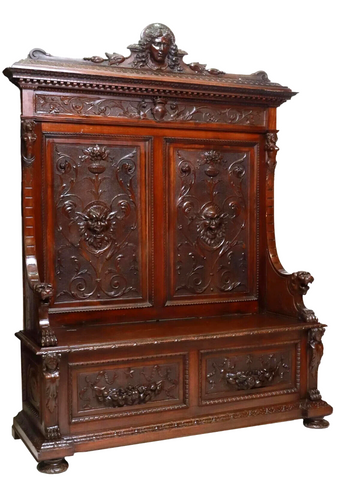 Antique Hall Bench, Italian Renaissance Revival, Carved Wood, Lion Masks, 1800s! - Old Europe Antique Home Furnishings