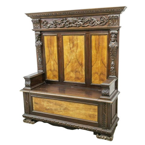 Antique Hall Bench, Italian Renaissance Revival, Carved, ( 1800s ), Handsome! - Old Europe Antique Home Furnishings