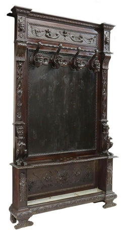 Antique Hall Tree, Italian Renaissance Revival Carved Wood, 19th C, 1800's!! - Old Europe Antique Home Furnishings