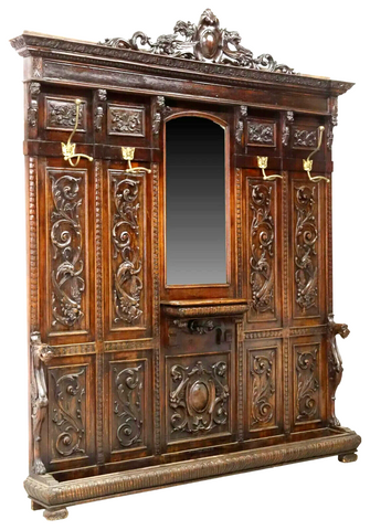 Antique Hall Tree, Italian Renaissance Revival, Carved Wood, Crest, Walnut, 1800 - Old Europe Antique Home Furnishings
