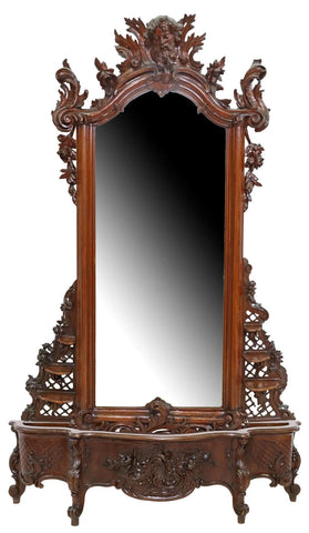 Antique Jardinere, Italian Louis XV Style Walnut, Mirrored, Carved, Large, 1800s - Old Europe Antique Home Furnishings