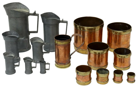 Antique Kitchen Measures, Pewter and Copper, 16 Pieces, Various Items, Bombay! - Old Europe Antique Home Furnishings