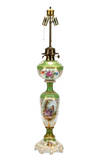 Antique Lamp, Porcelain, Floral, Converted Oil, Green Gilt, German,Early 20th C. - Old Europe Antique Home Furnishings