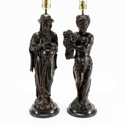 Antique Lamps, Carved Figural, Pair, Continental, Wood Sculpture, Shades, 1800's! - Old Europe Antique Home Furnishings