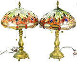 Antique Lamps, Table, Stained Glass, Pebble Stone, Pair, Bronze, Early 1900's!! - Old Europe Antique Home Furnishings