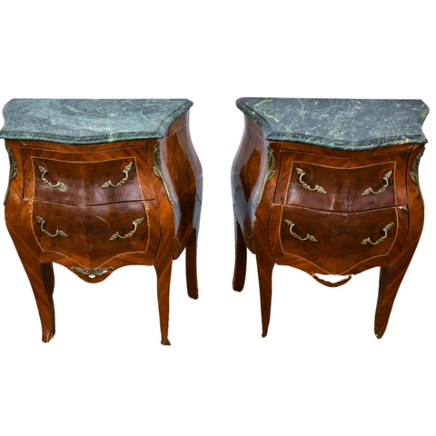 Antique Night Stands, Pair Baroque Revival Marble Top Bombe Chests, Beautiful! - Old Europe Antique Home Furnishings