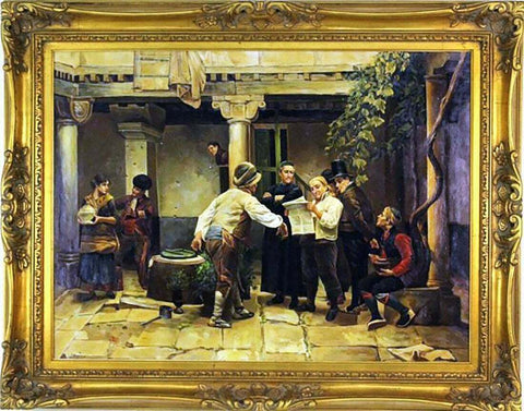 Antique Oil Painting, European, after Jules Worms "BREAKING THE NEWS", Gold Frame! - Old Europe Antique Home Furnishings