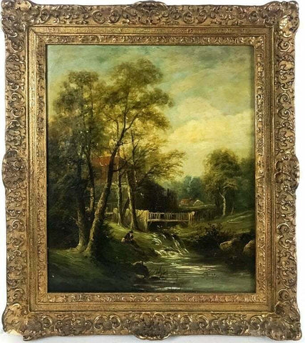 Antique Oil Painting, Figural Landscape River Scene, Framed 1800's, Gorgeous!! - Old Europe Antique Home Furnishings
