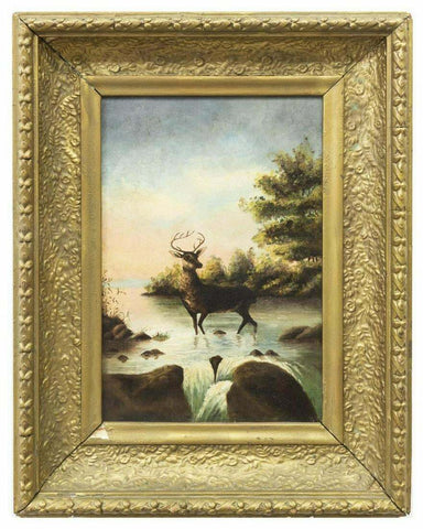 Antique Oil Painting on Canvas, Framed, "Stag in Stream", 1800s, Awesome!! - Old Europe Antique Home Furnishings