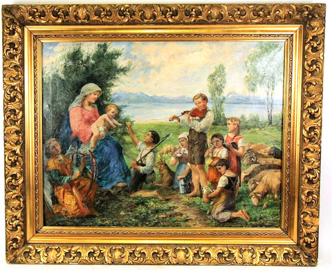 Antique Painting, OIl on Canvas, Hans Kaufmann, "Lady & Children", 1800's! - Old Europe Antique Home Furnishings