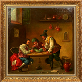 Antique Painting, Oil, Continental School, "Gambling at the Tavern", 19th C.! - Old Europe Antique Home Furnishings